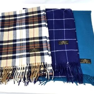100% CASHMERE SCARF LOT OF 3 LONG MADE IN GERMANY TEAL NAVY BLUE PLAID WOMEN
